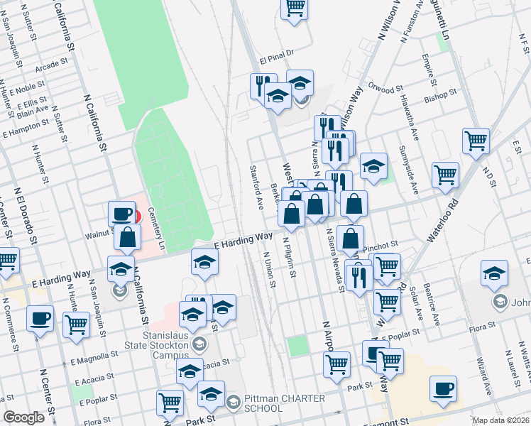 map of restaurants, bars, coffee shops, grocery stores, and more near 1627 Stanford Avenue in Stockton