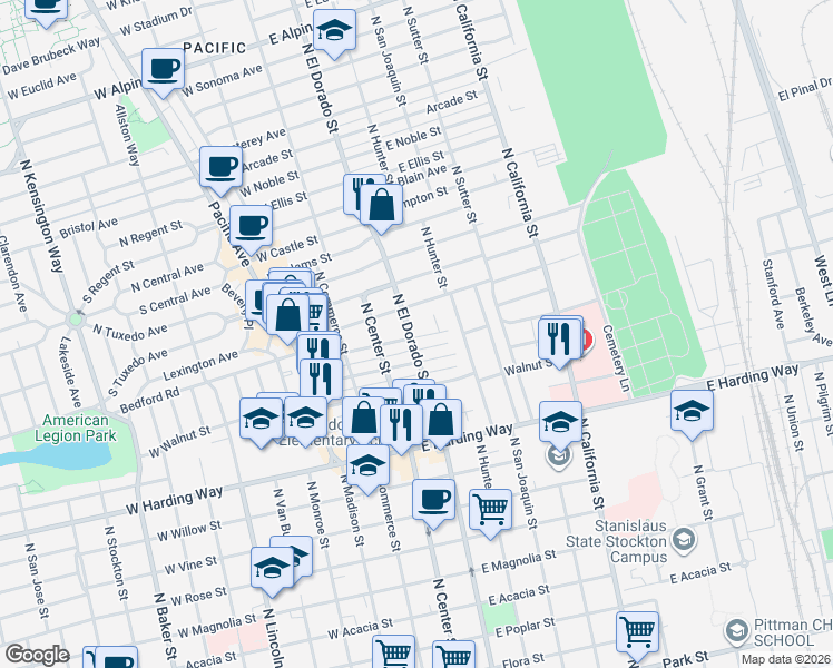 map of restaurants, bars, coffee shops, grocery stores, and more near 125 East Maple Street in Stockton