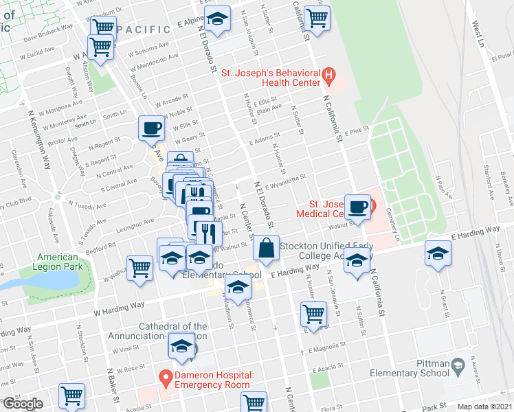 map of restaurants, bars, coffee shops, grocery stores, and more near 24 East Wyandotte Street in Stockton