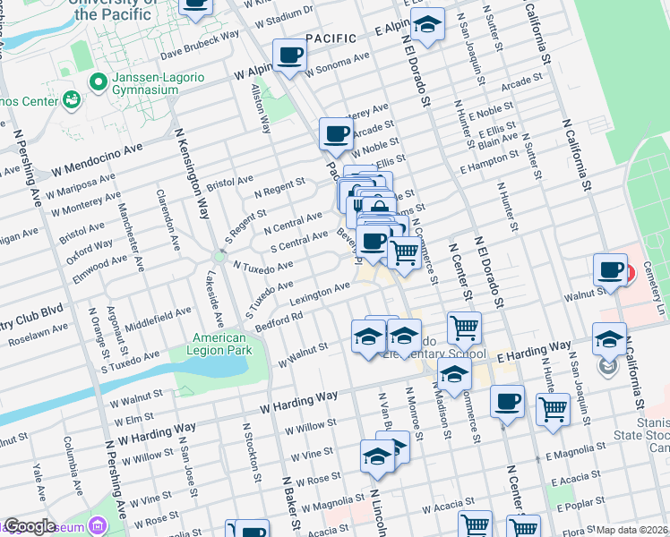 map of restaurants, bars, coffee shops, grocery stores, and more near 326 Tuxedo Court in Stockton