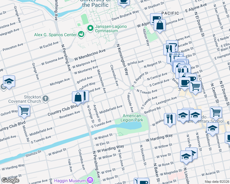 map of restaurants, bars, coffee shops, grocery stores, and more near 1047 Country Club Boulevard in Stockton
