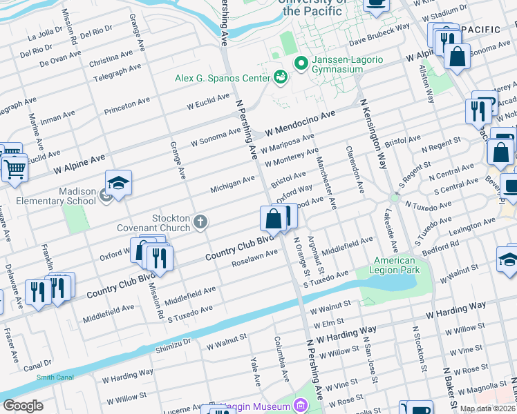 map of restaurants, bars, coffee shops, grocery stores, and more near 1440 Bristol Avenue in Stockton