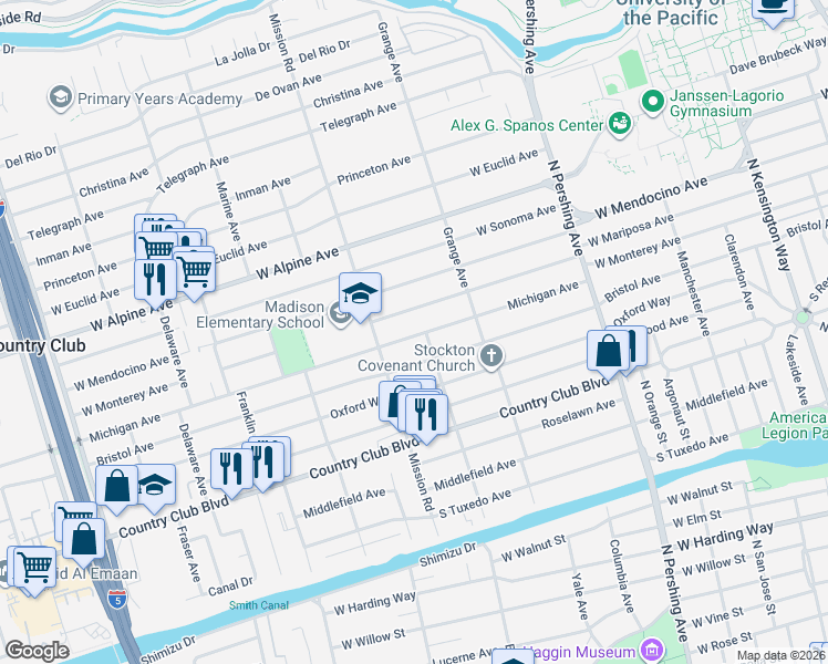 map of restaurants, bars, coffee shops, grocery stores, and more near 1811 Michigan Avenue in Stockton