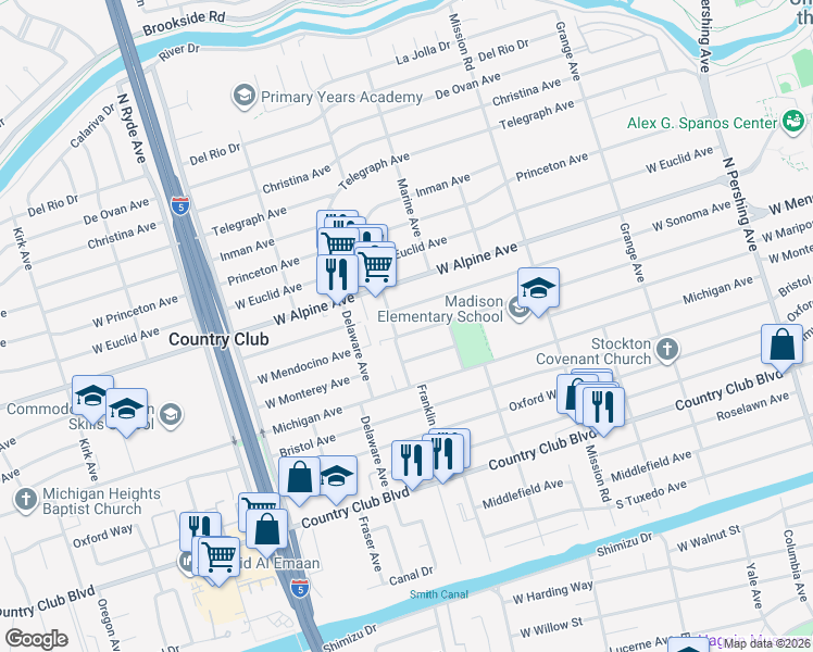 map of restaurants, bars, coffee shops, grocery stores, and more near 2118 West Sonoma Avenue in Stockton