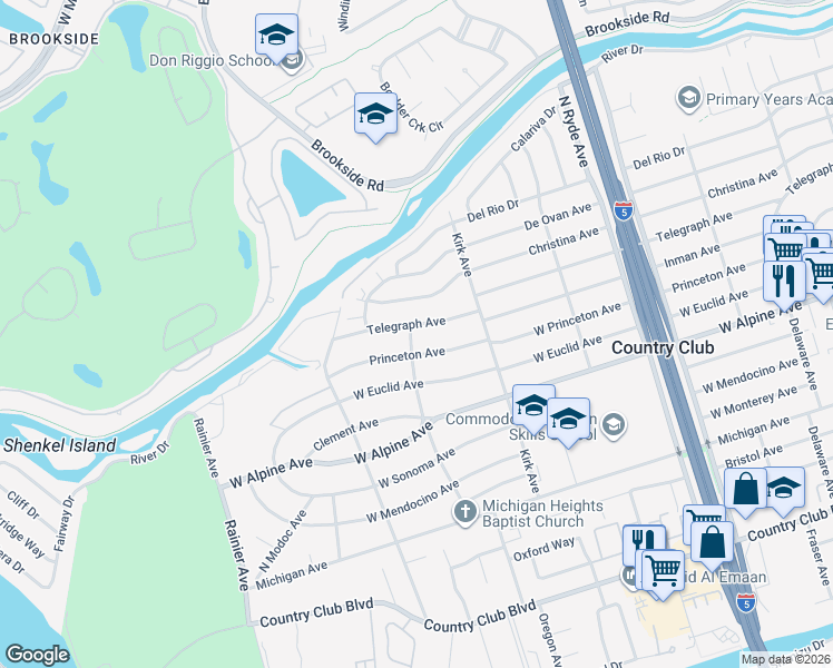 map of restaurants, bars, coffee shops, grocery stores, and more near 3138 Telegraph Avenue in Stockton