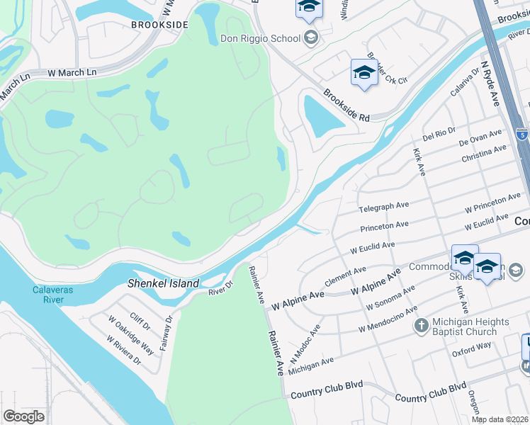 map of restaurants, bars, coffee shops, grocery stores, and more near 4595 Pine Valley Circle in Stockton