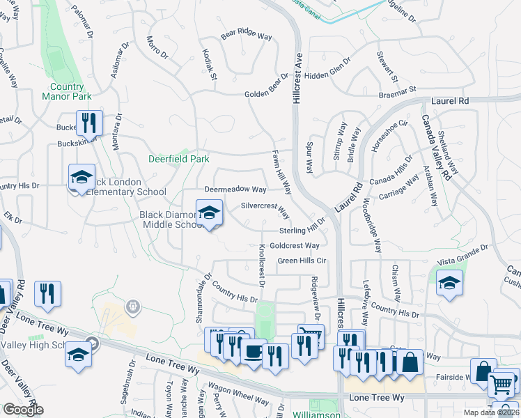 map of restaurants, bars, coffee shops, grocery stores, and more near 4520 Silvercrest Way in Antioch