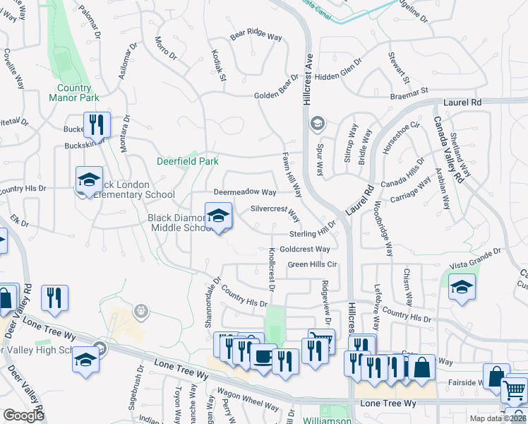map of restaurants, bars, coffee shops, grocery stores, and more near 4520 Silvercrest Way in Antioch
