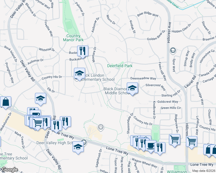 map of restaurants, bars, coffee shops, grocery stores, and more near 4413 Wolverine Way in Antioch