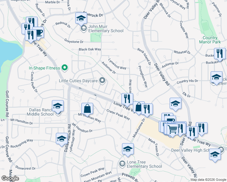 map of restaurants, bars, coffee shops, grocery stores, and more near 2095 Goldpine Way in Antioch