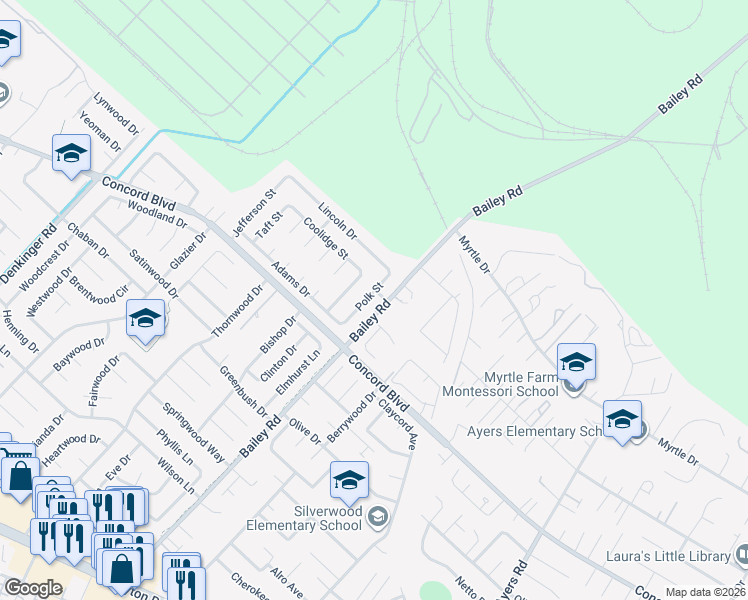 map of restaurants, bars, coffee shops, grocery stores, and more near 1837 Polk Street in Concord