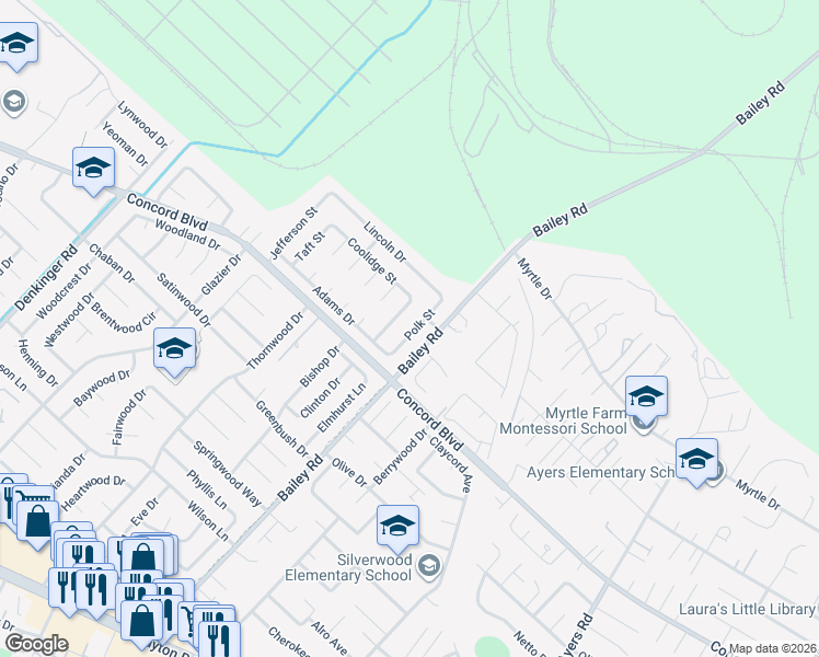 map of restaurants, bars, coffee shops, grocery stores, and more near 1837 Polk Street in Concord