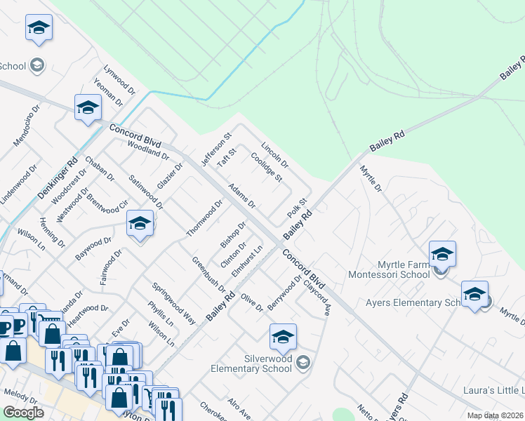 map of restaurants, bars, coffee shops, grocery stores, and more near 1818 Mc Kinley Court in Concord