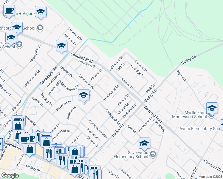 map of restaurants, bars, coffee shops, grocery stores, and more near 1783 Thornwood Drive in Concord