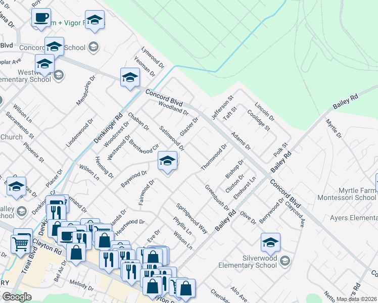 map of restaurants, bars, coffee shops, grocery stores, and more near 4319 Satinwood Drive in Concord