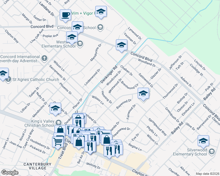 map of restaurants, bars, coffee shops, grocery stores, and more near 1723 Westwood Drive in Concord