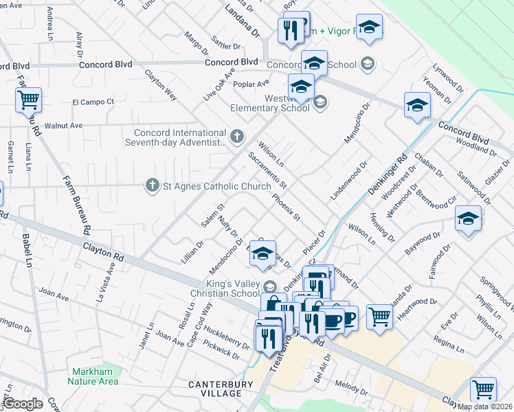 map of restaurants, bars, coffee shops, grocery stores, and more near 4076 Salem Street in Concord