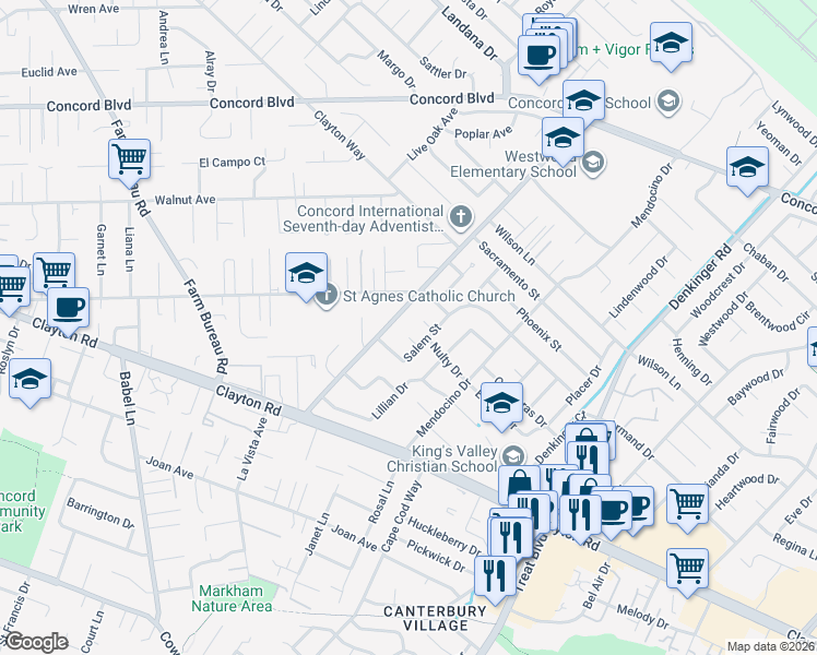 map of restaurants, bars, coffee shops, grocery stores, and more near 4002 Houston Court in Concord