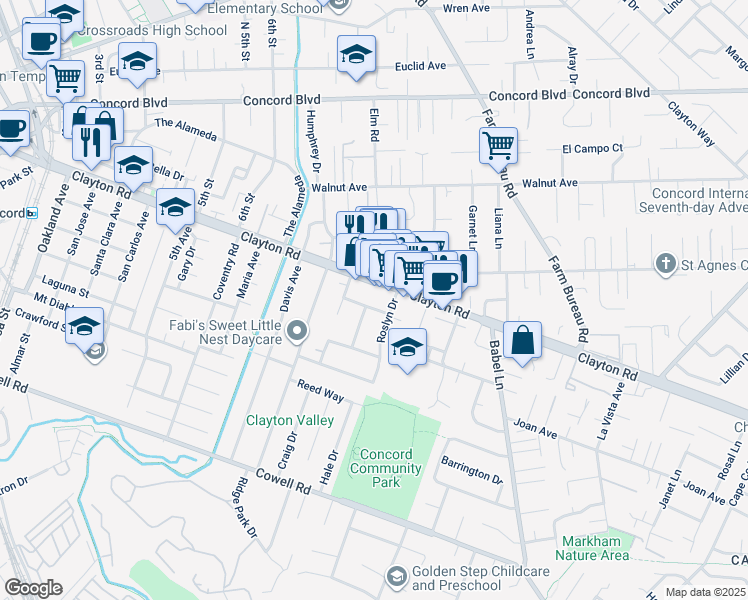 map of restaurants, bars, coffee shops, grocery stores, and more near 3407 Del Chiaro Way in Concord