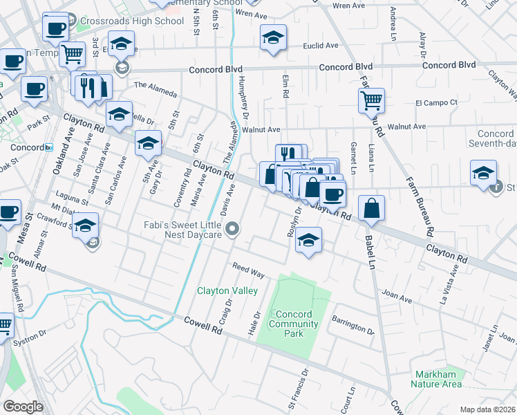 map of restaurants, bars, coffee shops, grocery stores, and more near 110 Fabian Way in Concord