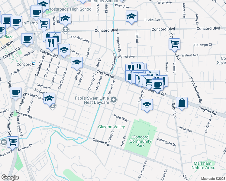 map of restaurants, bars, coffee shops, grocery stores, and more near 1468 Davis Avenue in Concord