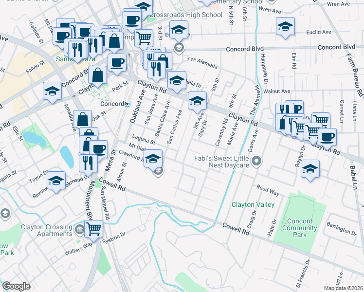 map of restaurants, bars, coffee shops, grocery stores, and more near 1390 San Carlos Avenue in Concord