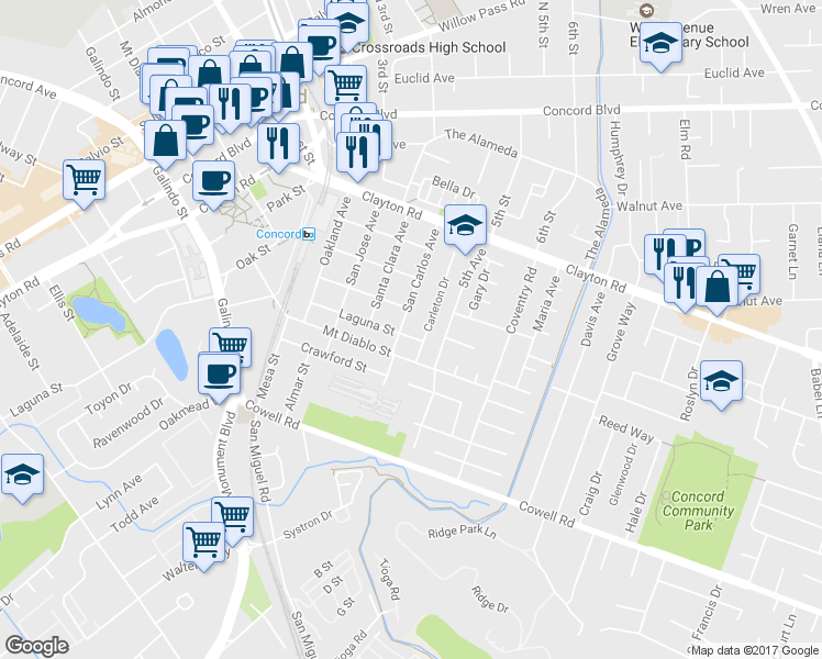 map of restaurants, bars, coffee shops, grocery stores, and more near 1390 San Carlos Avenue in Concord