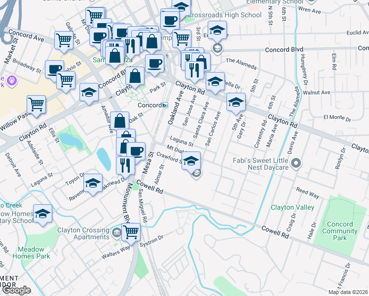 map of restaurants, bars, coffee shops, grocery stores, and more near 1346 San Jose Avenue in Concord