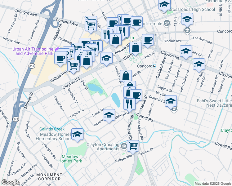 map of restaurants, bars, coffee shops, grocery stores, and more near 1880 Laguna Street in Concord