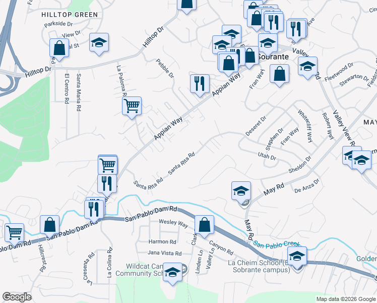 map of restaurants, bars, coffee shops, grocery stores, and more near 4277 Santa Rita Road in El Sobrante