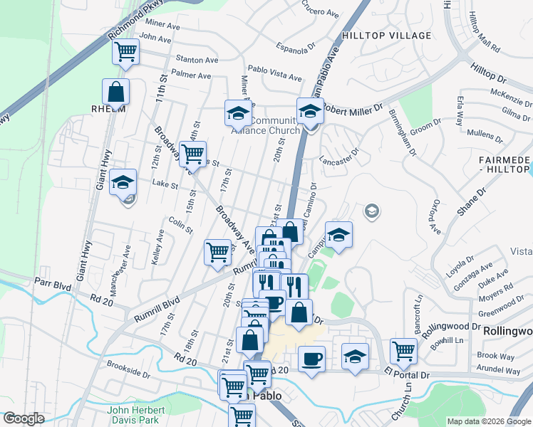 map of restaurants, bars, coffee shops, grocery stores, and more near 2831 21st Street in San Pablo