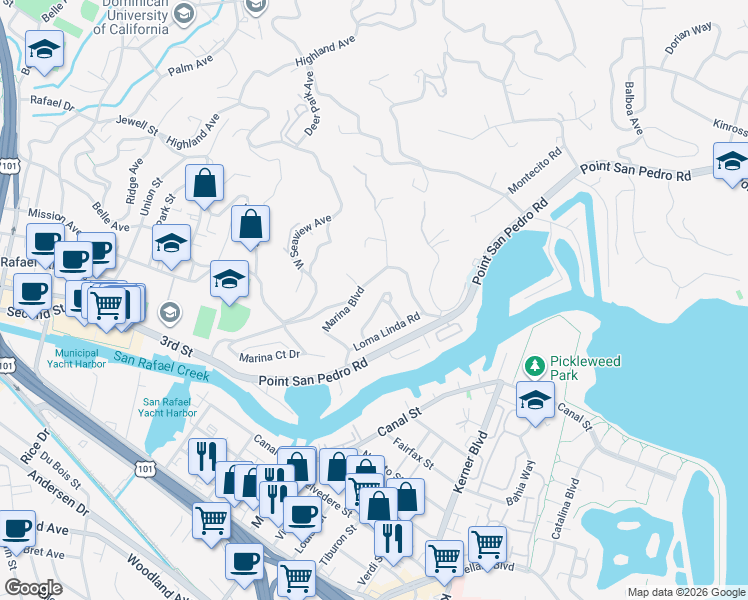 map of restaurants, bars, coffee shops, grocery stores, and more near 31 La Crescenta Way in San Rafael