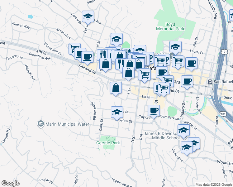 map of restaurants, bars, coffee shops, grocery stores, and more near 16 Welch Street in San Rafael
