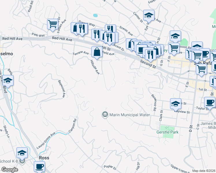 map of restaurants, bars, coffee shops, grocery stores, and more near 217 Spring Grove Avenue in San Rafael