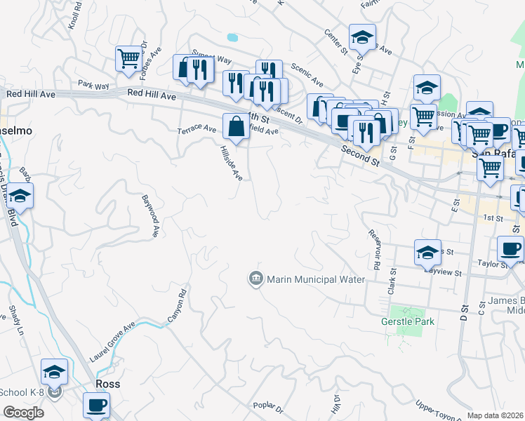 map of restaurants, bars, coffee shops, grocery stores, and more near 217 Spring Grove Avenue in San Rafael