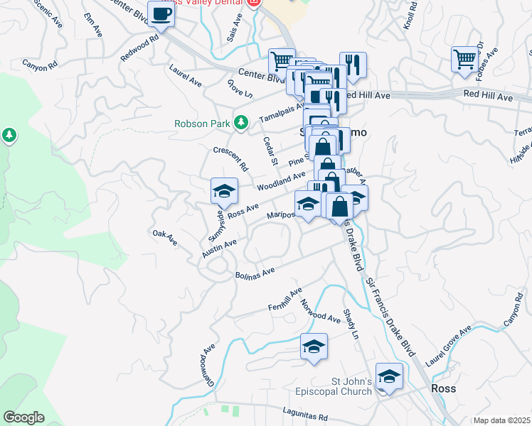 map of restaurants, bars, coffee shops, grocery stores, and more near 72 Jones Street in San Anselmo