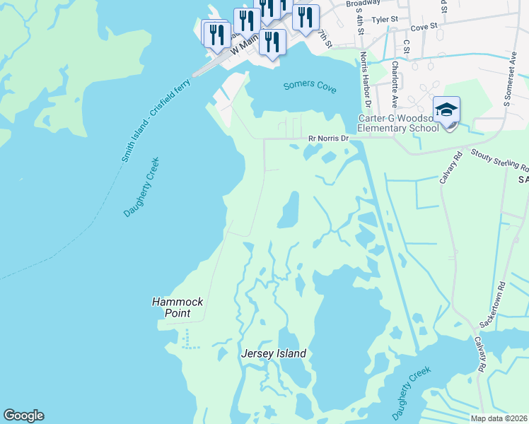 map of restaurants, bars, coffee shops, grocery stores, and more near 19 Hammock Pointe in Crisfield
