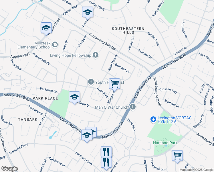 map of restaurants, bars, coffee shops, grocery stores, and more near 2 River Park Drive in Lexington