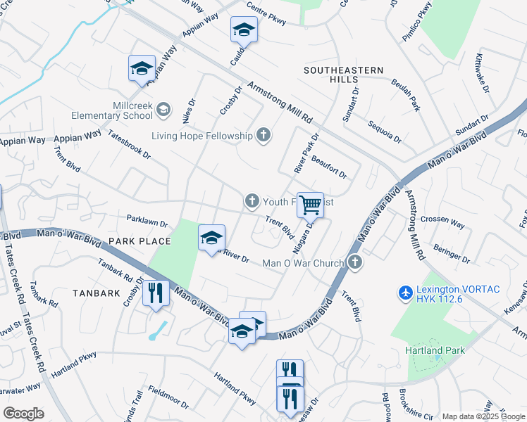 map of restaurants, bars, coffee shops, grocery stores, and more near 1325 Trent Boulevard in Lexington