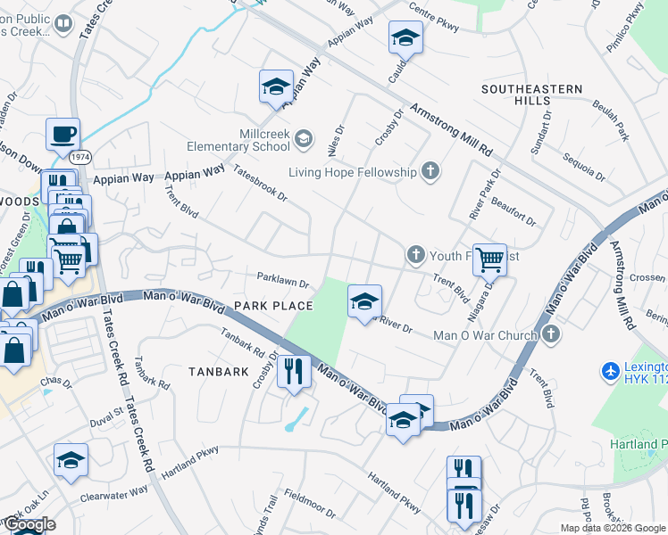 map of restaurants, bars, coffee shops, grocery stores, and more near 1214 Trent Boulevard in Lexington