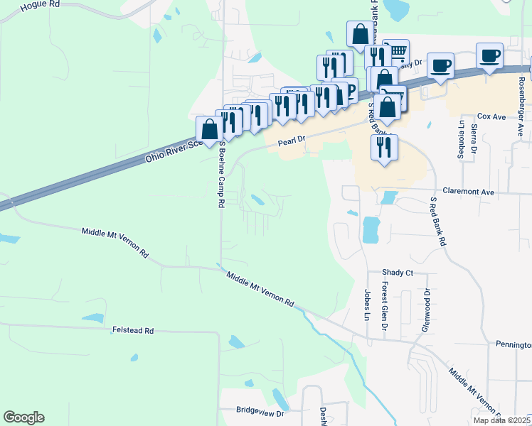 map of restaurants, bars, coffee shops, grocery stores, and more near 55 Copper Canyon in Evansville