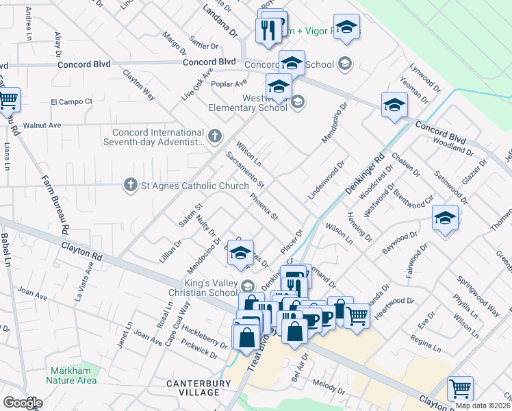 map of restaurants, bars, coffee shops, grocery stores, and more near 4100 Phoenix Street in Concord