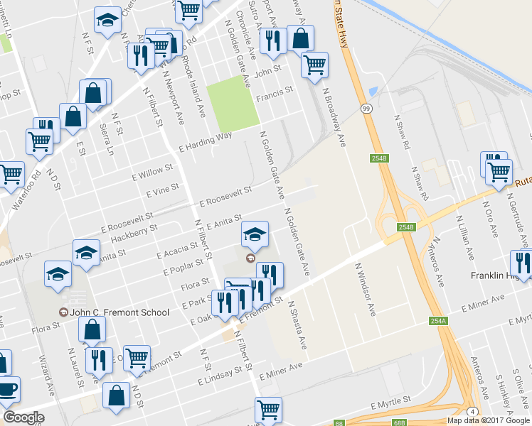 map of restaurants, bars, coffee shops, grocery stores, and more near 2840 East Anita Street in Stockton