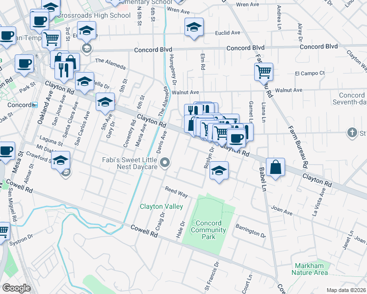 map of restaurants, bars, coffee shops, grocery stores, and more near 110 Fabian Way in Concord