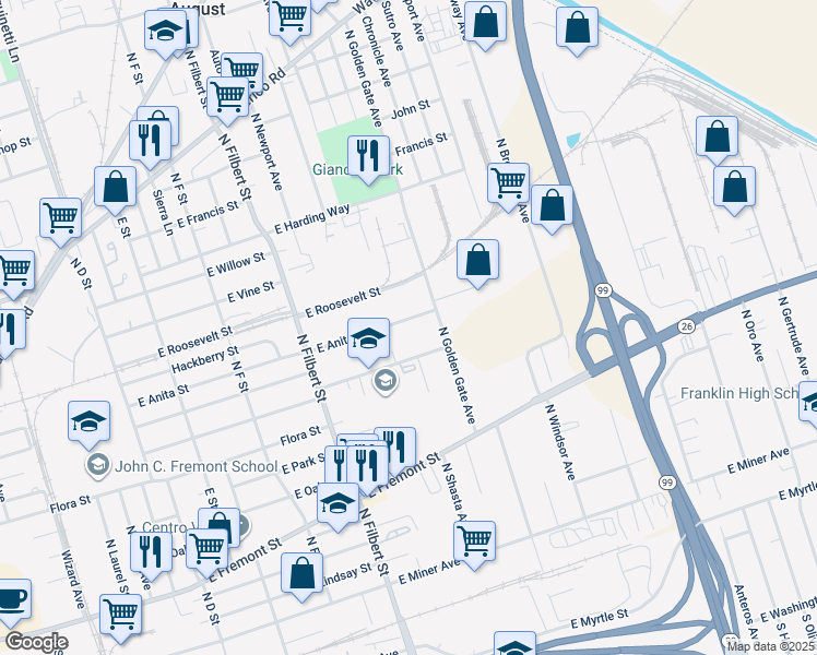 map of restaurants, bars, coffee shops, grocery stores, and more near 2840 East Anita Street in Stockton