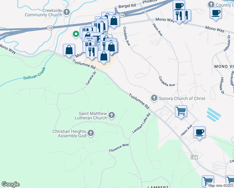 map of restaurants, bars, coffee shops, grocery stores, and more near 13899 Tuolumne Road in Sonora