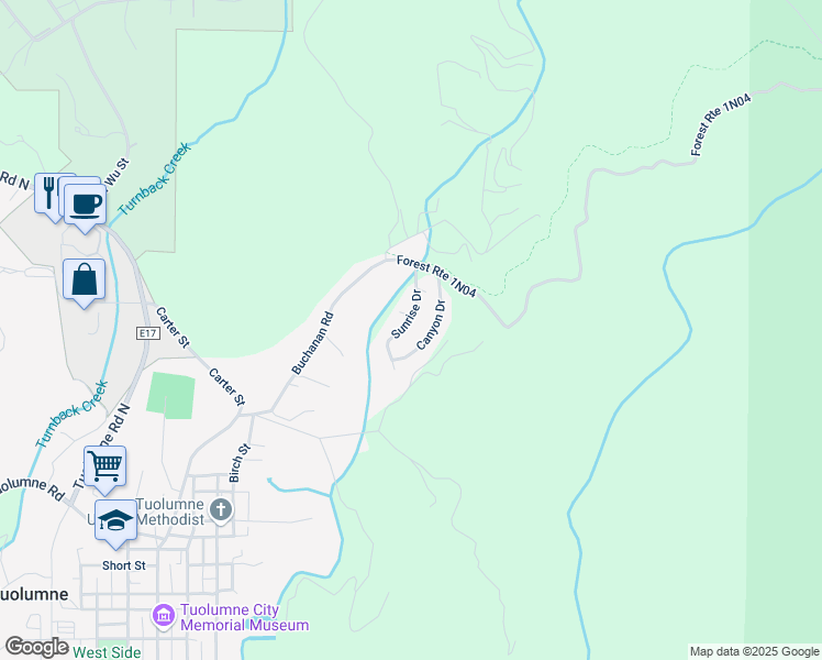 map of restaurants, bars, coffee shops, grocery stores, and more near 19221 Sunrise Drive in Tuolumne