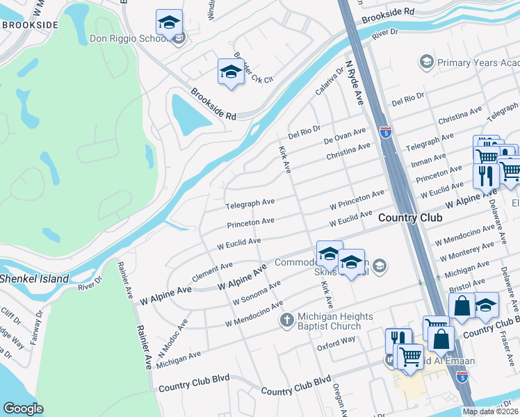 map of restaurants, bars, coffee shops, grocery stores, and more near 3138 Telegraph Avenue in Stockton