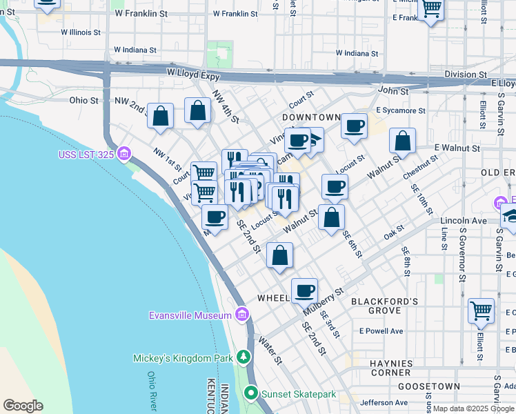 map of restaurants, bars, coffee shops, grocery stores, and more near 301 Main Street in Evansville