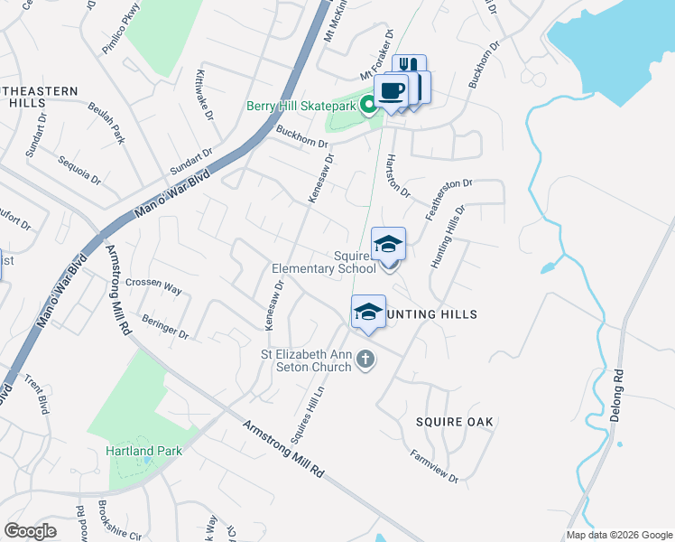 map of restaurants, bars, coffee shops, grocery stores, and more near 1636 Prairie Circle in Lexington
